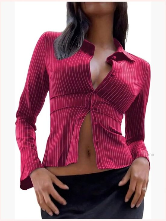 Tops - Striped Long Sleeve Button Down Cropped Blouse Fitted Collar Top